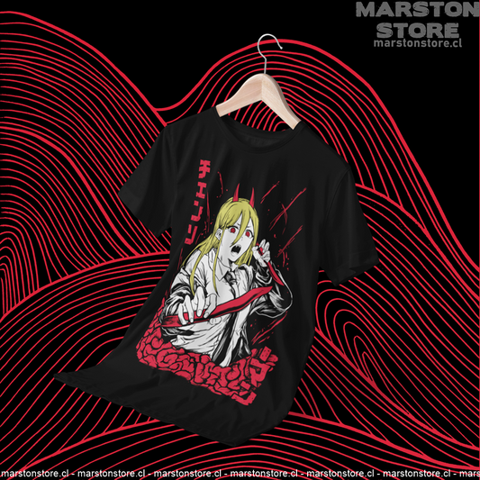 Polera negra Chainsaw Man con diseño de Power