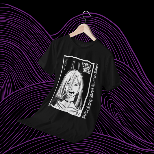 Polera negra Chainsaw Man con diseño de Power