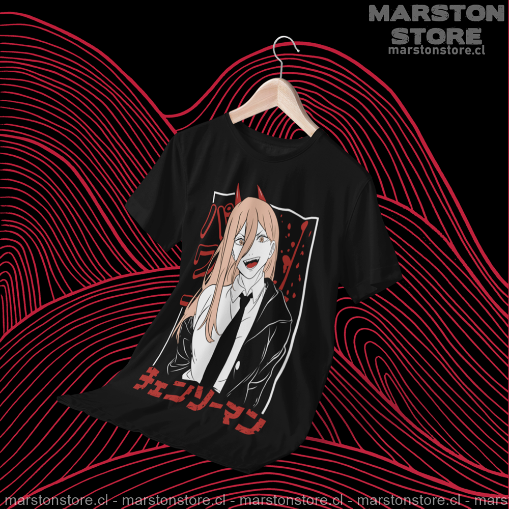 Polera negra Chainsaw Man con diseño de Power