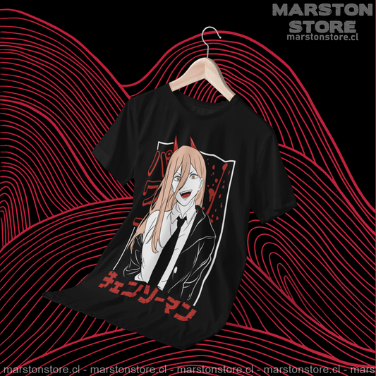 Polera negra Chainsaw Man con diseño de Power