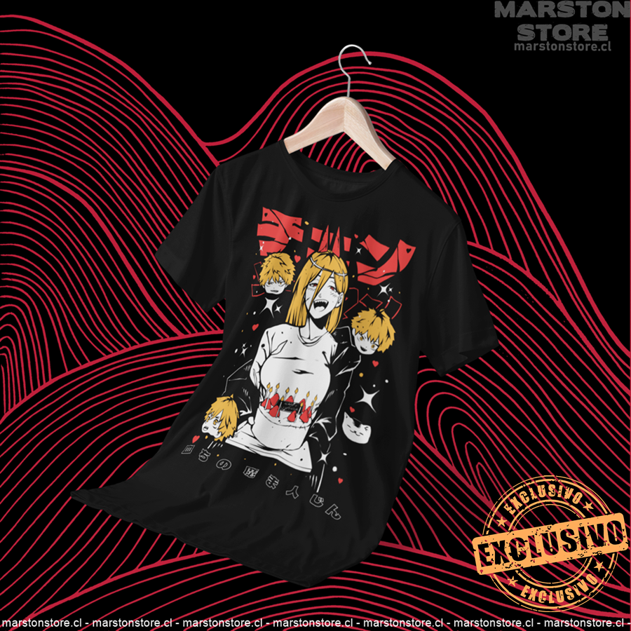 Polera negra Chainsaw Man con diseño de Power
