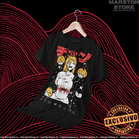 Polera negra Chainsaw Man con diseño de Power