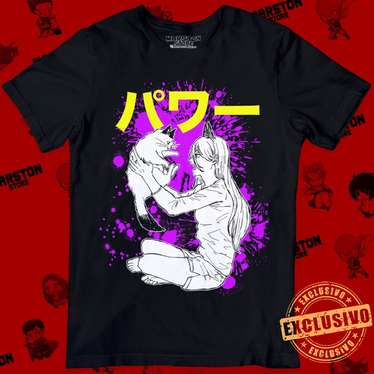 Polera negra Chainsaw Man con Power y Nyako