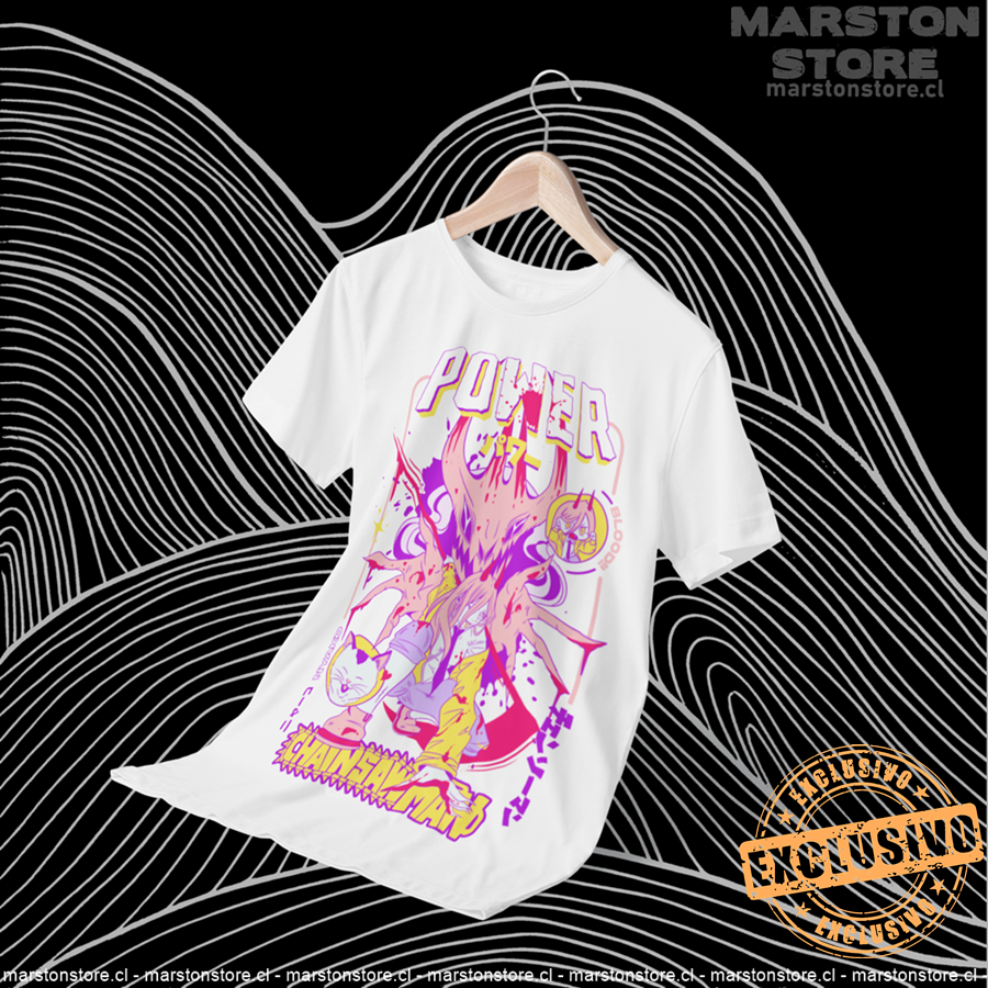 Polera blanca Chainsaw Man con Power y Nyako, versión 1