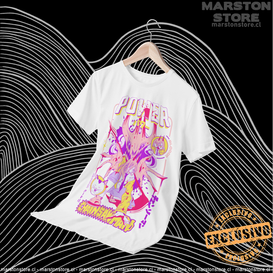 Polera blanca Chainsaw Man con Power y Nyako, versión 1