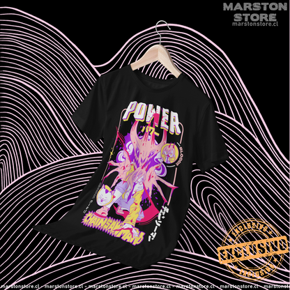 Polera negra Chainsaw Man con Power y Nyako, versión 1