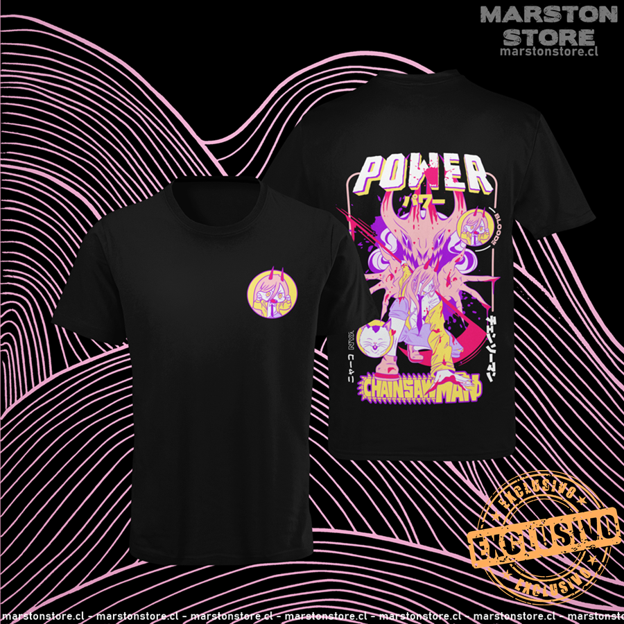 Polera negra Chainsaw Man con Power y Nyako, versión 1