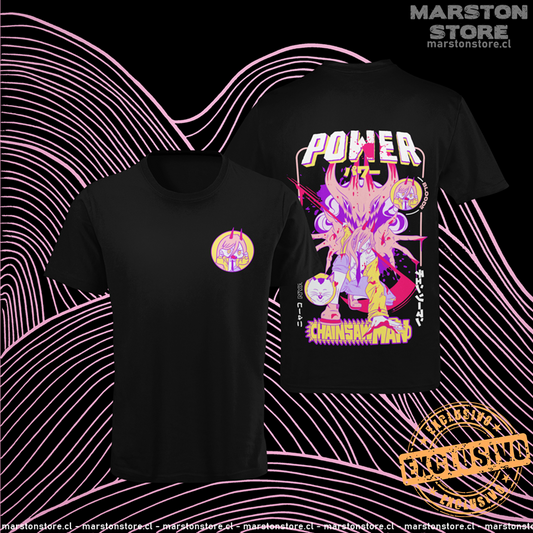 Polera negra Chainsaw Man con Power y Nyako, versión 1