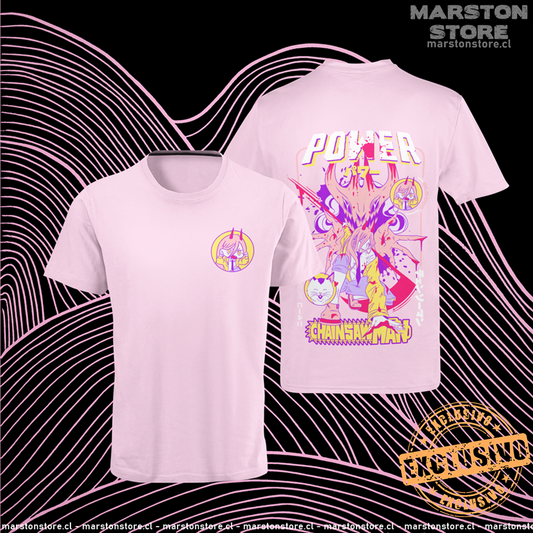 Polera rosada Chainsaw Man con Power y Nyako, versión 1