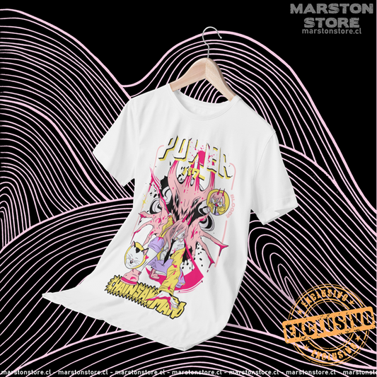 Polera blanca Chainsaw Man con Power y Nyako, versión 2