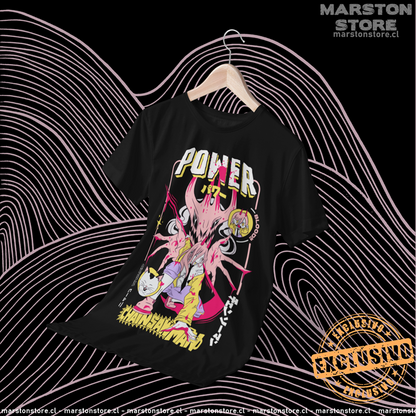 Polera negra Chainsaw Man con Power y Nyako, versión 2