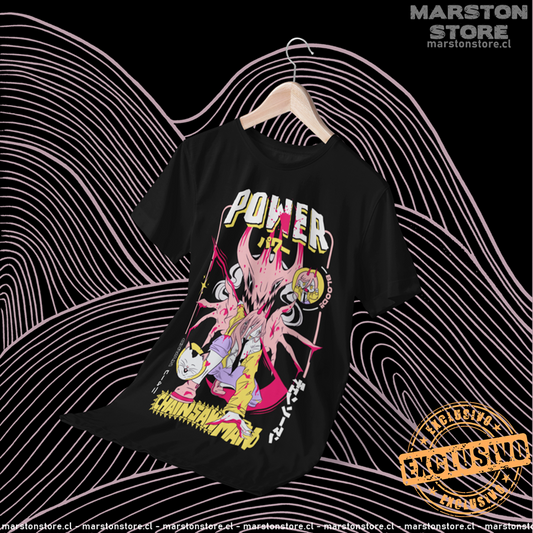 Polera negra Chainsaw Man con Power y Nyako, versión 2