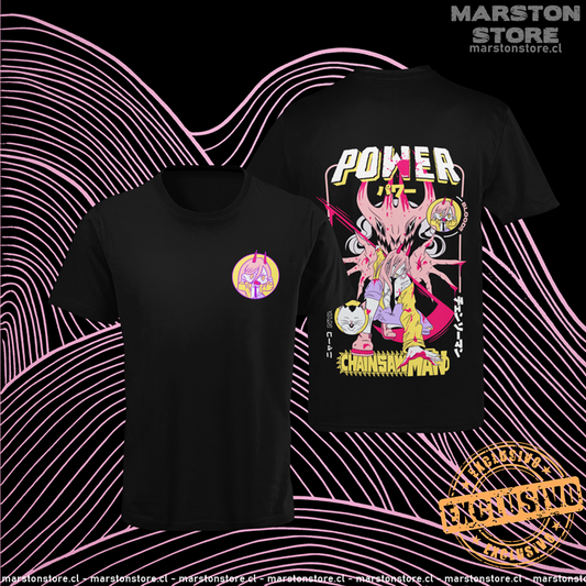 Polera negra Chainsaw Man con Power y Nyako, versión 2