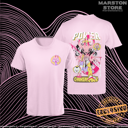 Polera rosada Chainsaw Man con Power y Nyako, versión 2