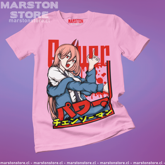 Polera rosada Chainsaw Man con diseño de Power