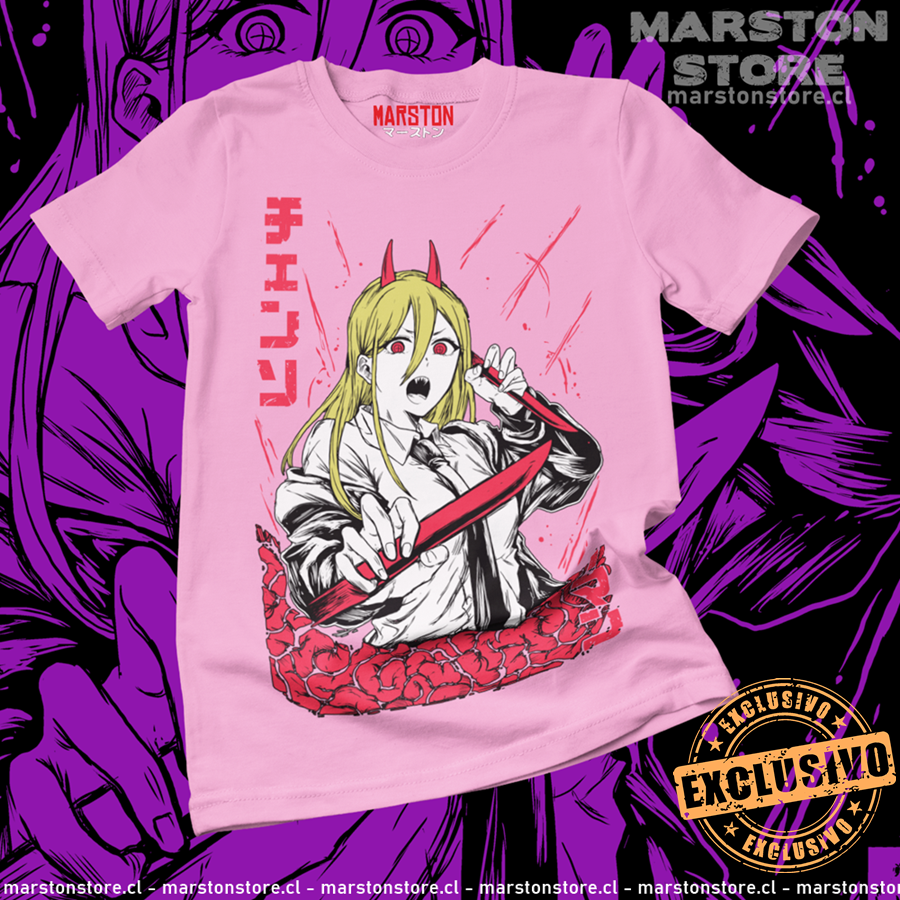Polera rosada Chainsaw Man con diseño de Power