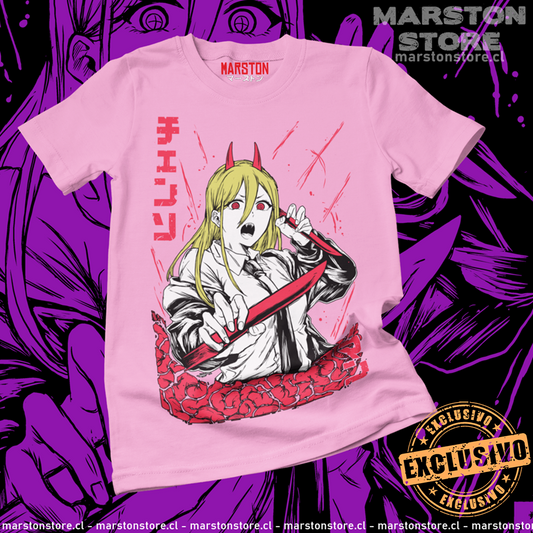 Polera rosada Chainsaw Man con diseño de Power