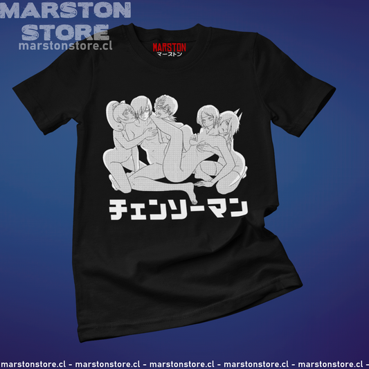 Polera negra Chainsaw Man con diseño de Quanxi