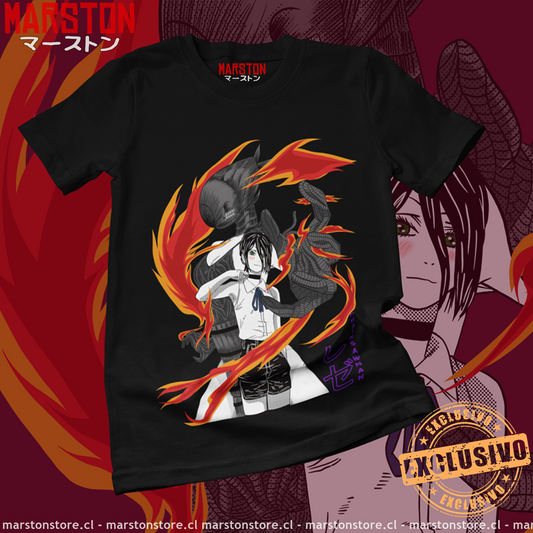 Polera negra Chainsaw Man con diseño de Reze