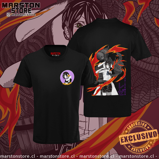 Polera negra Chainsaw Man con diseño de Reze