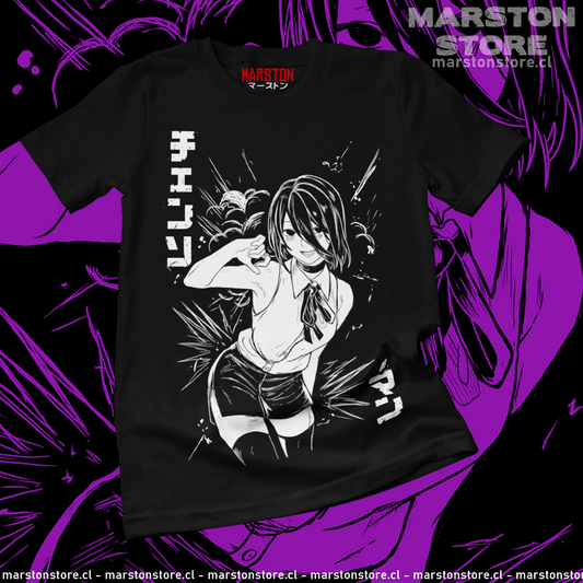 Polera negra Chainsaw Man con diseño de Reze