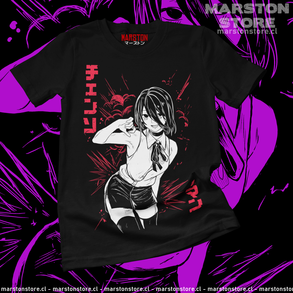 Polera negra Chainsaw Man con diseño de Reze