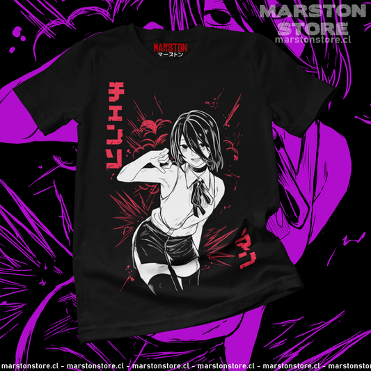 Polera negra Chainsaw Man con diseño de Reze