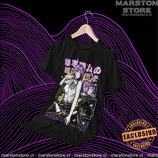 Polera negra Chainsaw Man con diseño de Reze
