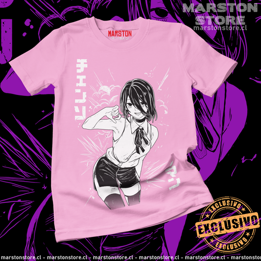 Polera rosada Chainsaw Man con diseño de Reze
