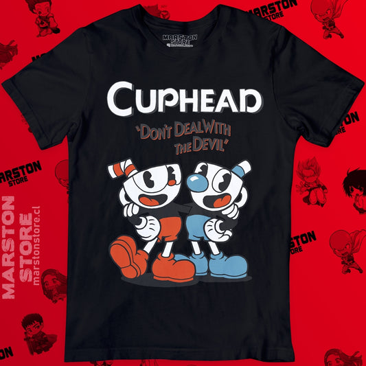 Polera negra con diseño de Cuphead
