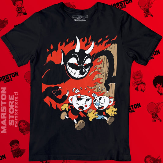 Polera negra con diseño de Cuphead