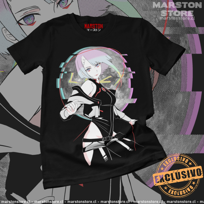 Polera negra de Cyberpunk: Edgerunners con diseño de Lucy Kushinada