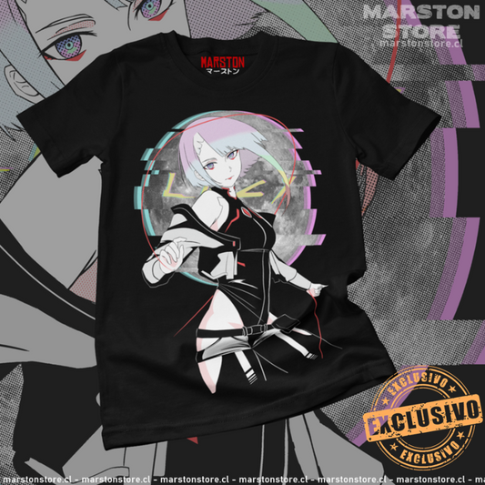 Polera negra de Cyberpunk: Edgerunners con diseño de Lucy Kushinada