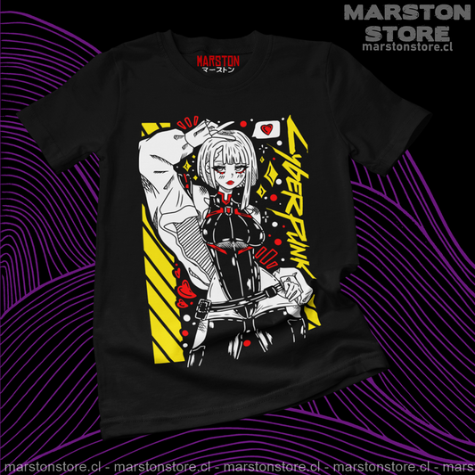 Polera negra de Cyberpunk: Edgerunners con diseño de Lucy Kushinada