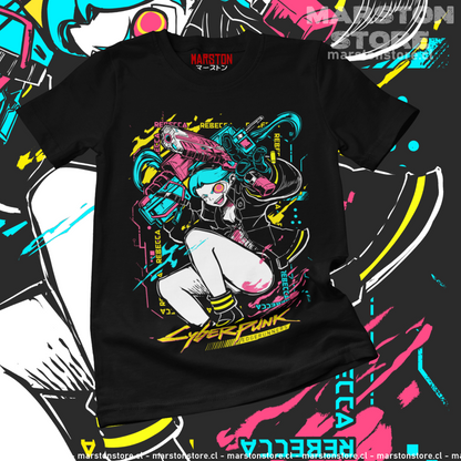 Polera negra de Cyberpunk: Edgerunners con diseño de Rebecca