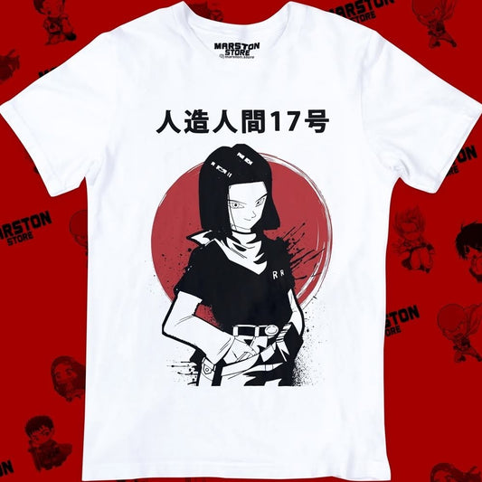Polera blanca Dragon Ball con diseño de Androide 17