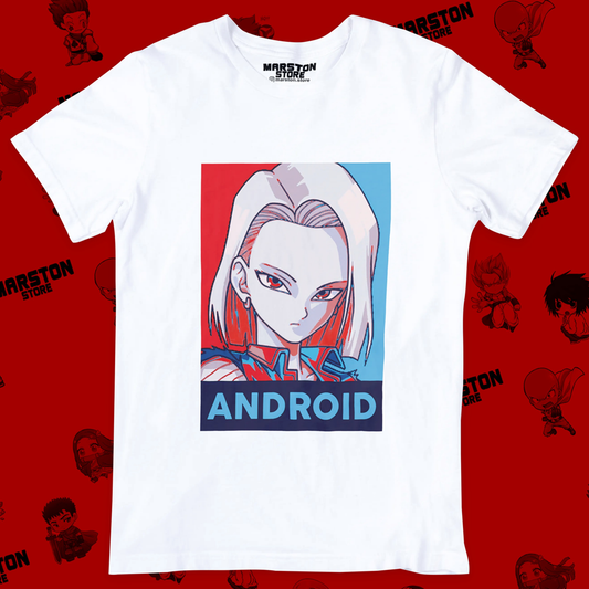Polera blanca Dragon Ball con diseño de Androide 18