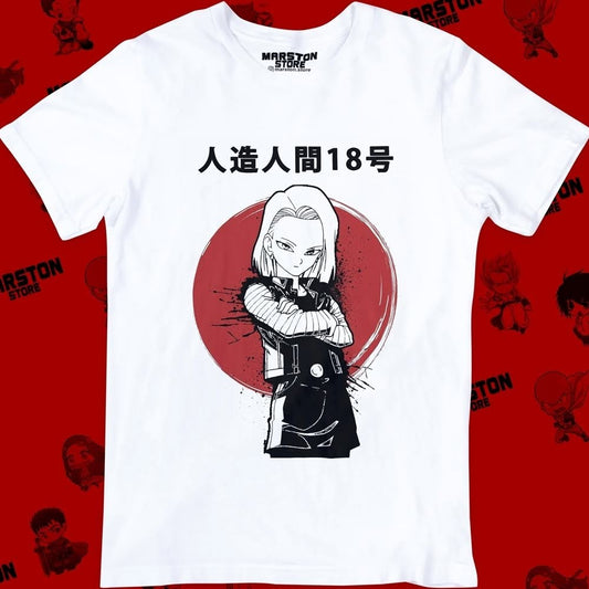 Polera blanca Dragon Ball con diseño de Androide 18
