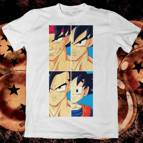 Polera blanca Dragon Ball con Bardock, Goku, Gohan y Goten