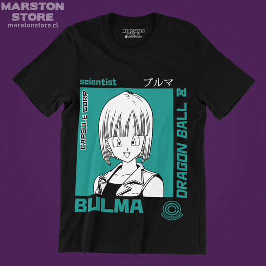 Polera negra Dragon Ball con diseño de Bulma