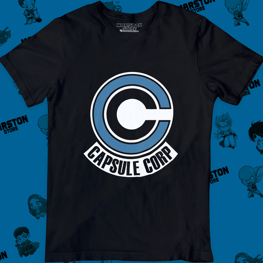 Polera negra Dragon Ball con diseño de Capsule Corp