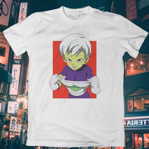 Polera blanca Dragon Ball con diseño de Cheelai