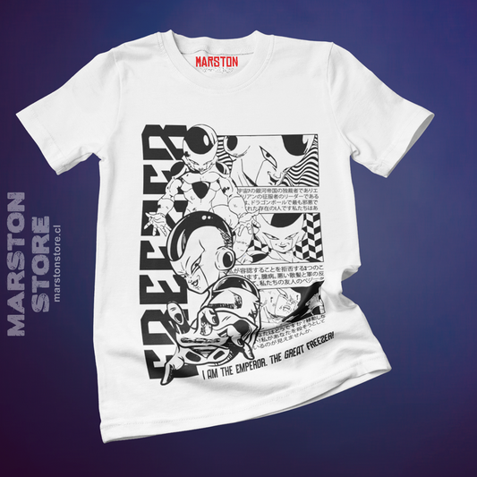 Polera blanca Dragon Ball con diseño de Freezer