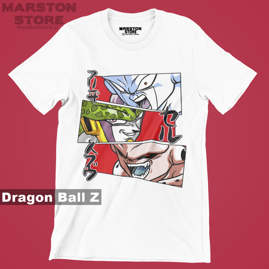 Polera blanca Dragon Ball con Freezer, Cell y Majin Buu