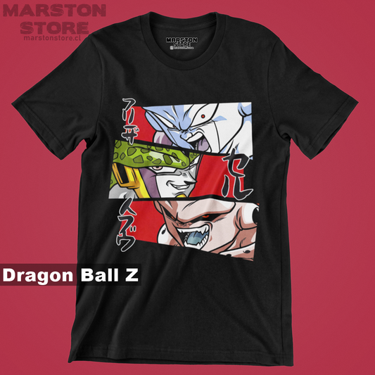 Polera negra Dragon Ball con Freezer, Cell y Majin Buu