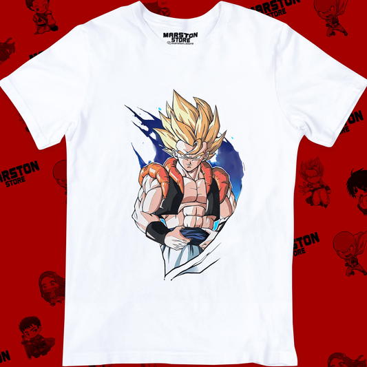 Polera blanca Dragon Ball con diseño de Gogeta