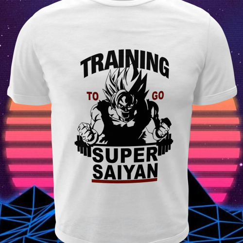 Polera blanca Dragon Ball con Goku entrenando para Super Saiyan