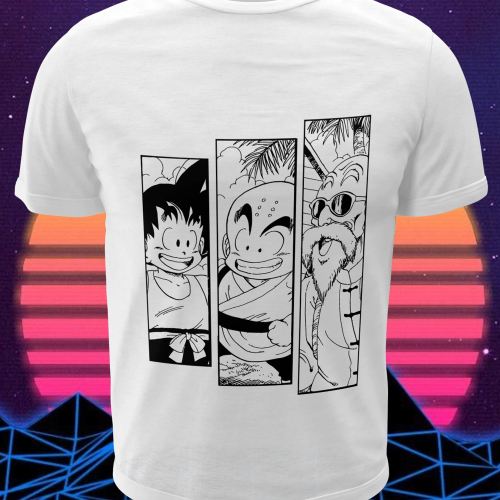 Polera blanca Dragon Ball con Goku, Krillin y Maestro Roshi