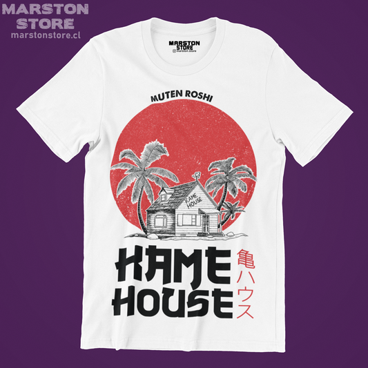 Polera blanca Dragon Ball con diseño de Kame House