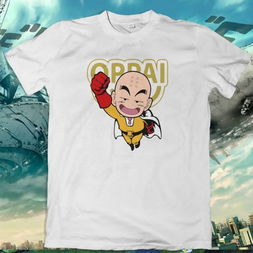 Polera blanca Dragon Ball con Krillin inspirado en Saitama